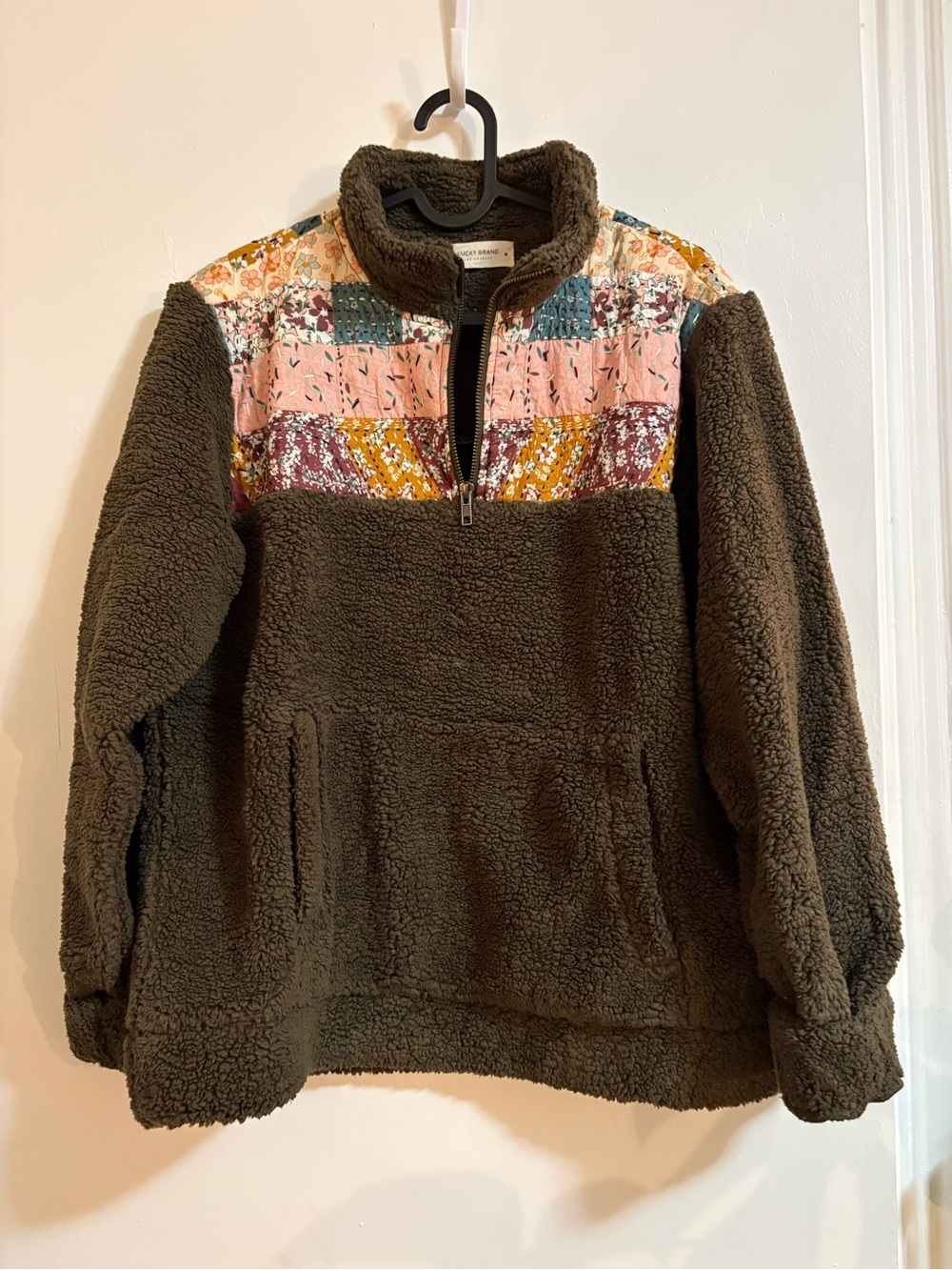 Lucky Brand Olive Sherpa Pullover with Quilted Floral Yoke